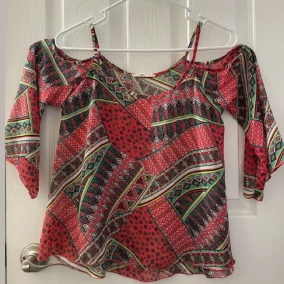 Nabee Women's Paisley Cold Shoulder Bell Sleeve Boho Crop Top Blouse Size Small - Picture 9 of 13